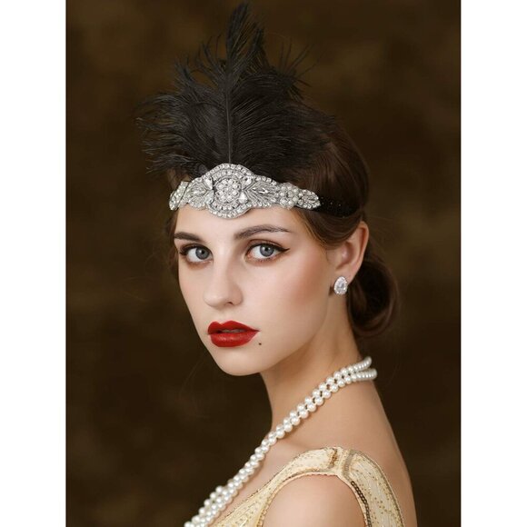 1920s Headpiece Flapper Headband Rhinestone Feather Great Gatsby Accessories main image 5